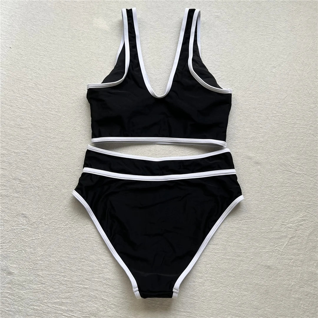S - XL Sexy V Neck Printed High Waist Bikini Female Swimsuit Women Swimwear Two-pieces Bikini Set Bather Bathing Suit Swim V6997