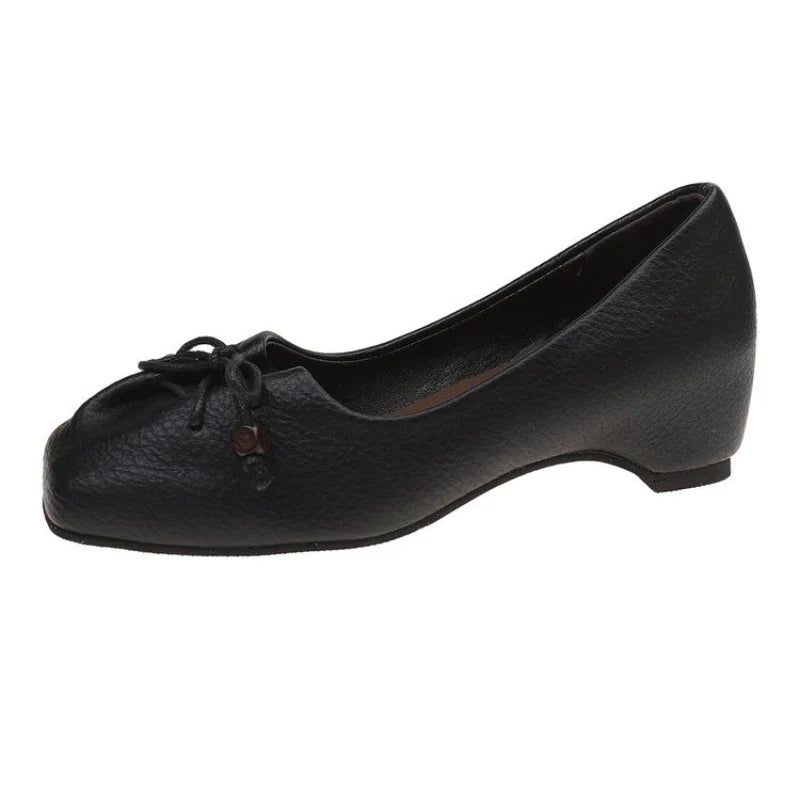 Retro Bow Inside Heightened Mary Jane Women's Shoes 2026 New Shallow Mouth Slip-on Square Toe Temperament Single Shoes