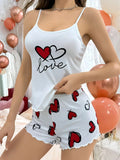 Cute Love Bear Printed Pajamas Set for Women's Sleepwear Loungewear Crop Tops and Shorts Home Wear Clothes