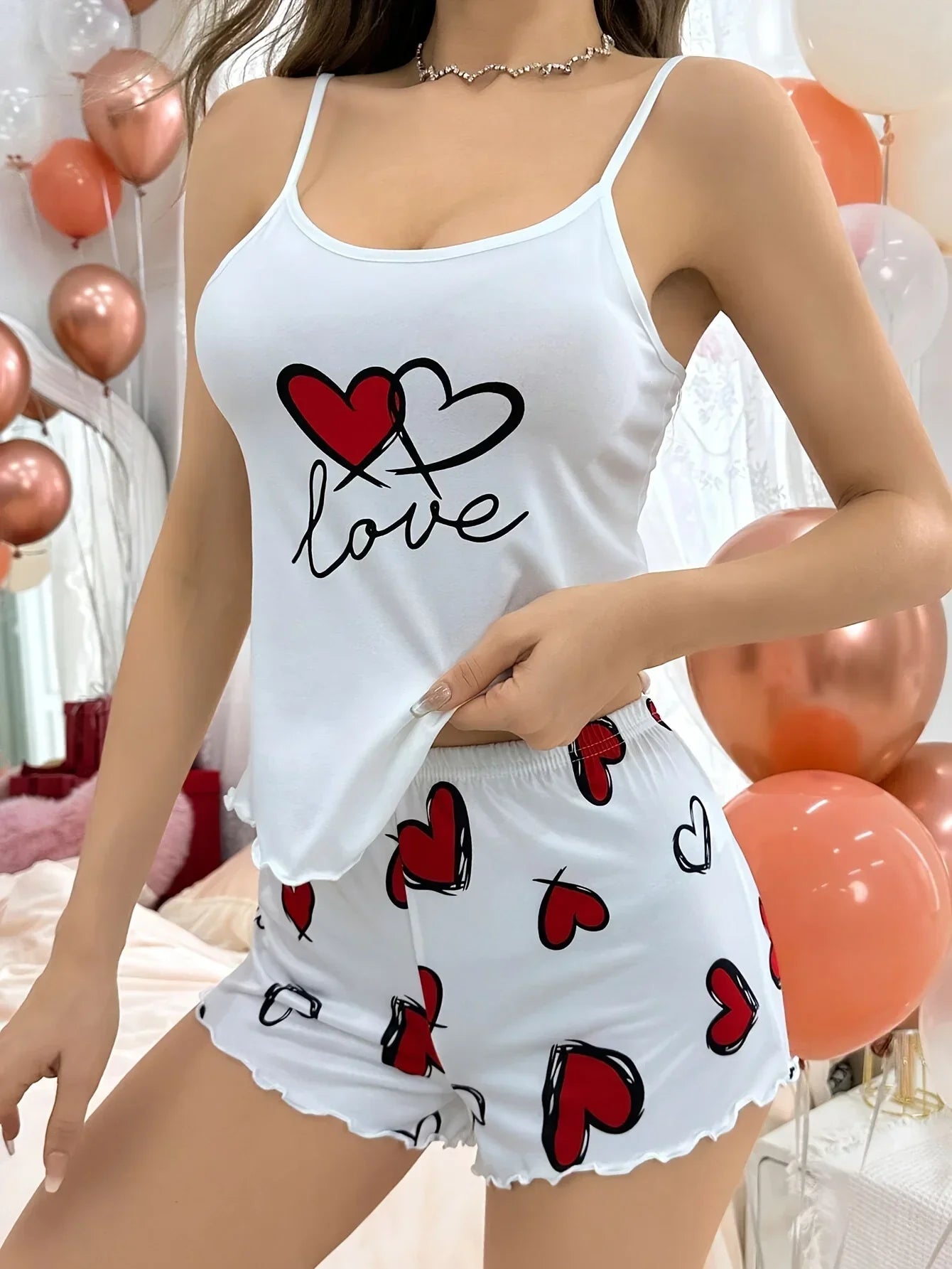Cute Love Bear Printed Pajamas Set for Women's Sleepwear Loungewear Crop Tops and Shorts Home Wear Clothes