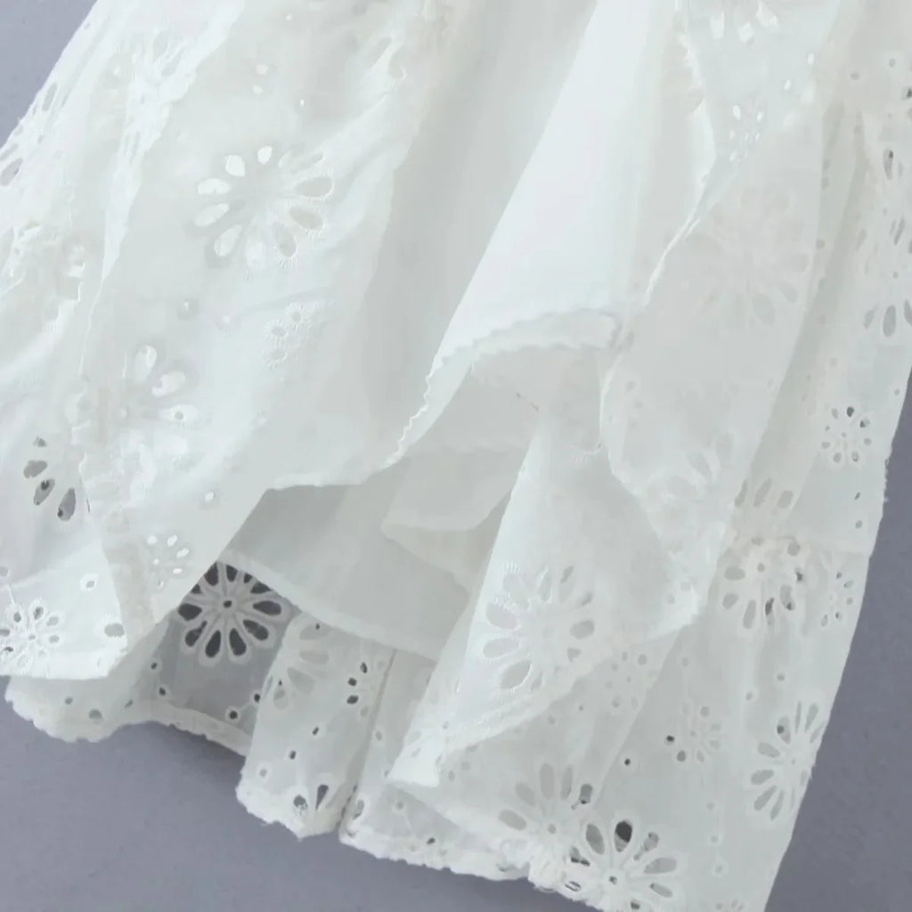 Puff Sleeve Cotton White Lace Dress Women Summer 2025 Square Collar Vintage Beach Short Dress Petite Flower Embriodery  Dress