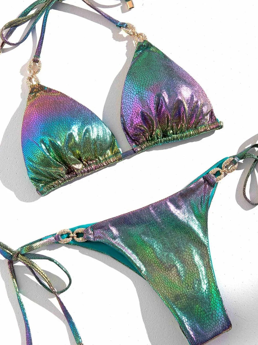 2025 Shiny Halter Rhinestone Diamond Bikini Female Swimsuit Women Swimwear Two-pieces Bikini Set Micro Strappy Bathing Suit Swim