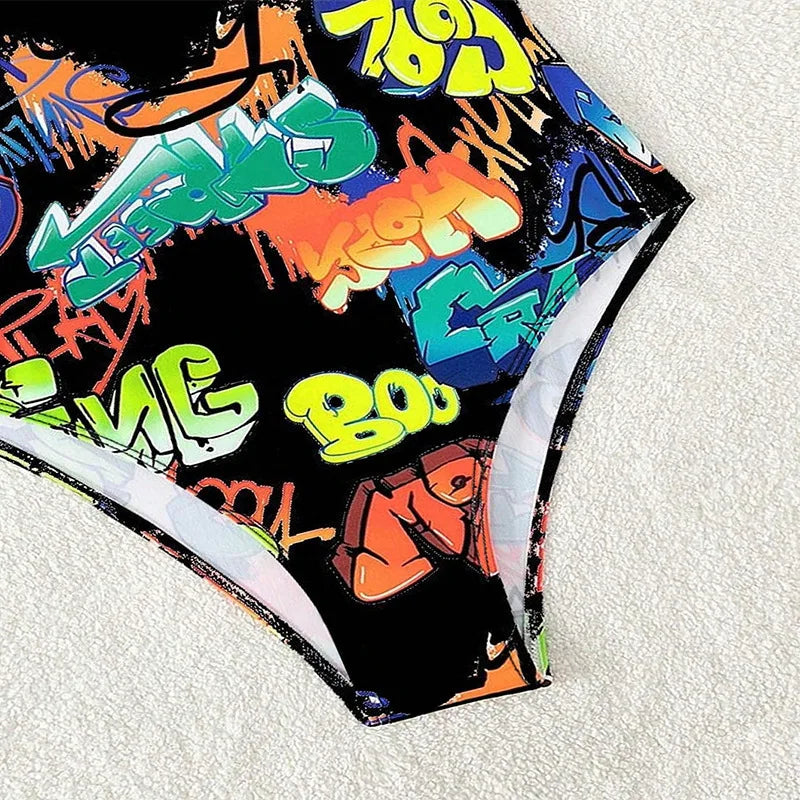 Vintage Yellow Abstract Print One Piece Swimsuit 2024 Women Hollow Out Holiday Bathing Suit Tummy Control Swimwear Beachwear