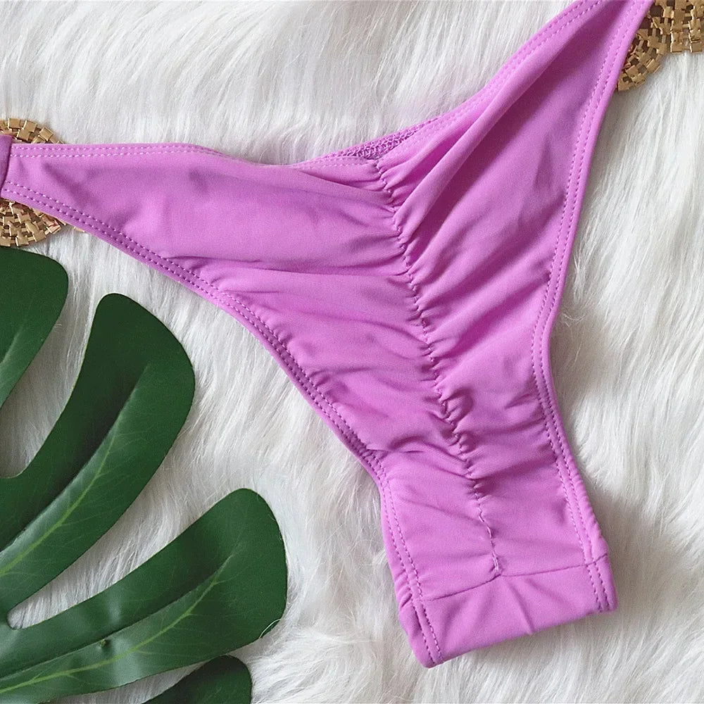 2026 Sexy Bikini Women Swimwear Swimsuit Luxury Rhinestone Metal Chain Halter Purple Triangle Beach Bikinis Set Bathing Suit New