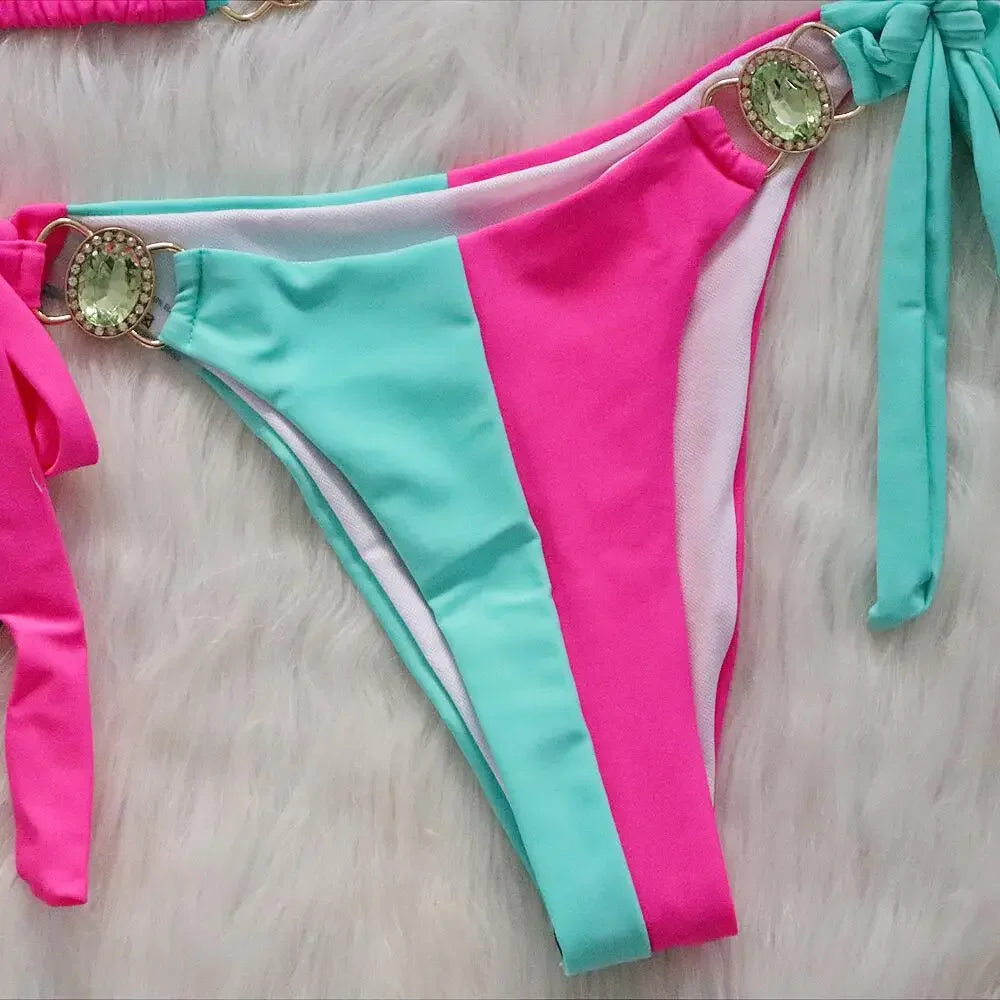 Splicing Halter Jewelled Diamond Bikini 2025 Women Swimsuit Female Swimwear Two Pieces Bikini Set Hollow Out Bathing Suit Swim