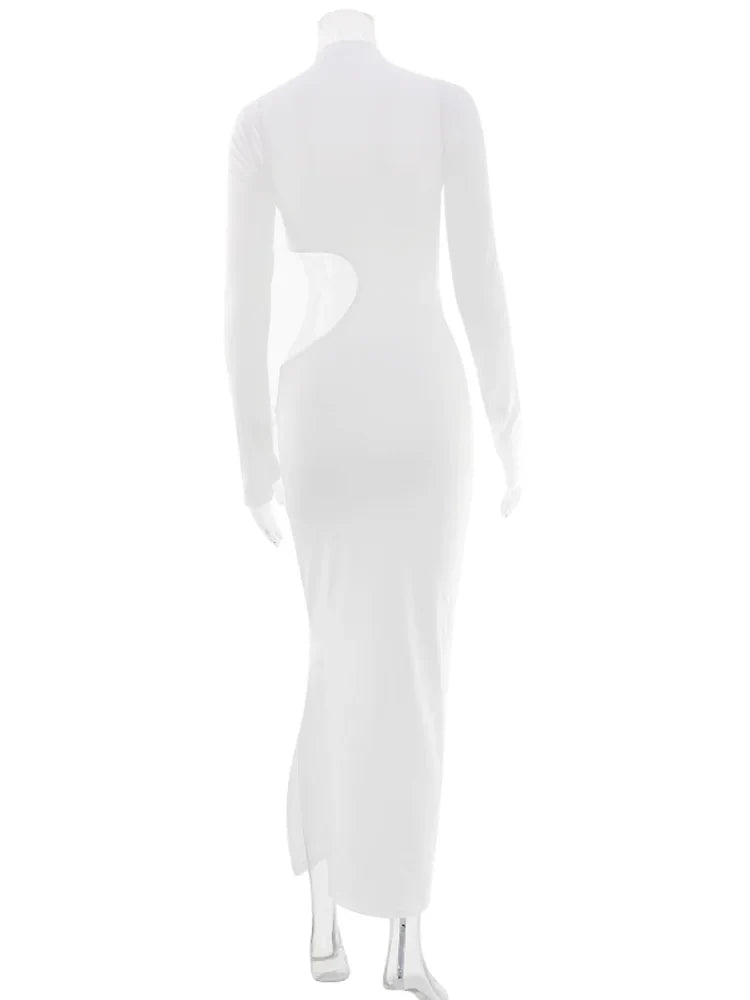 Ahagaga Sexy Dresses For Women Solid Turtleneck Regular Long Sleeves Hollow Out Sheath Basci Slim Fit Female Vestidos Party