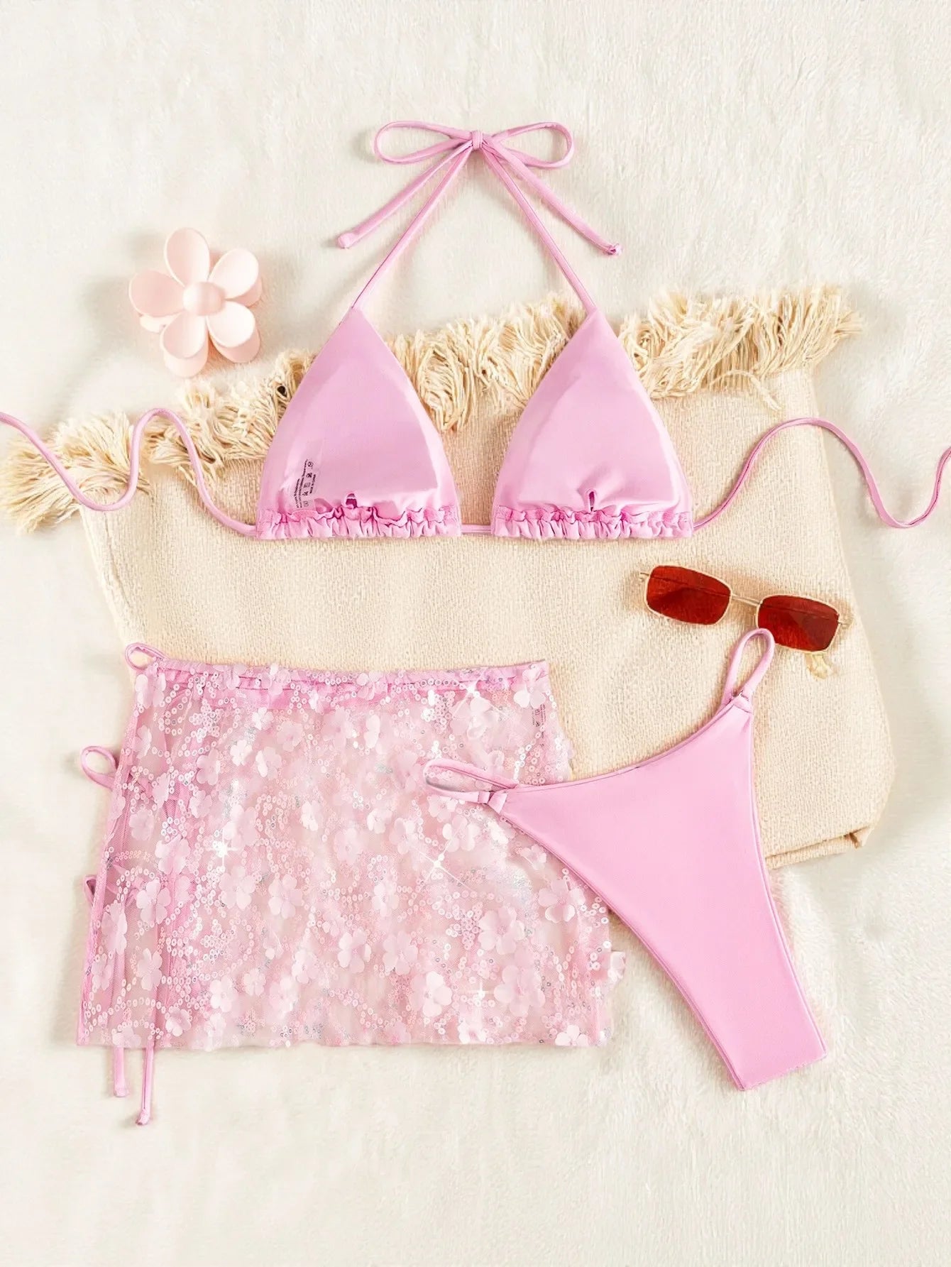 2026 New Sexy 3 Pieces Suit Swimwear for Women Floral Print Swimsuit Sequins Decor Micro Bikini Mesh Skirt Cover-up Beachwear