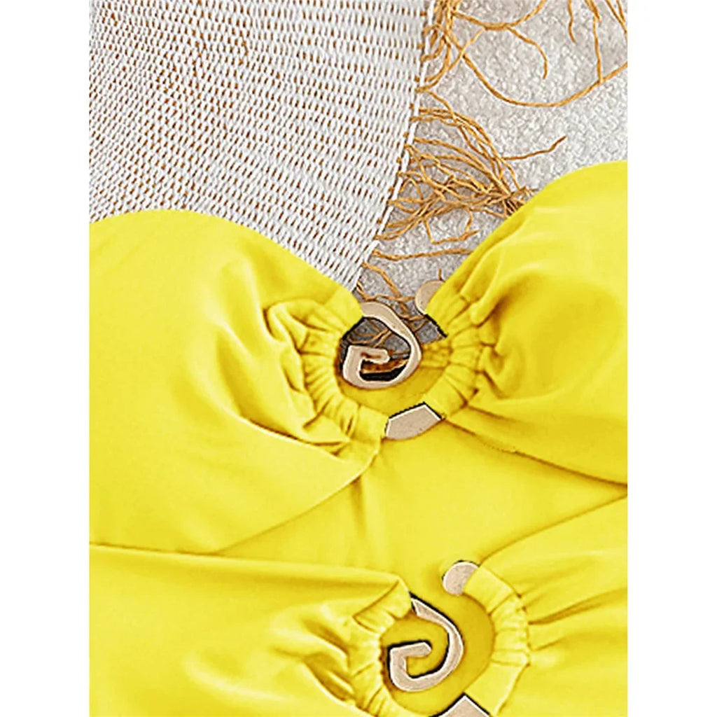 XS - L 6 Colors One Piece Swimsuit Female With Skirt Cut Out Women Swimwear Bandeau Metal Ring Bather Bathing Suit Swim V8108