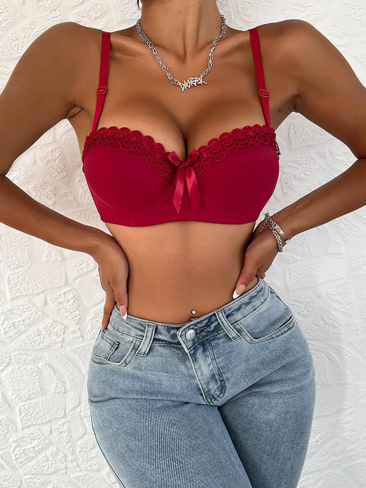 Heavy Duty Lace Design Underwear Bow Daily Push Up Bra Sexy Lingerie Women with Steel Ring J1903