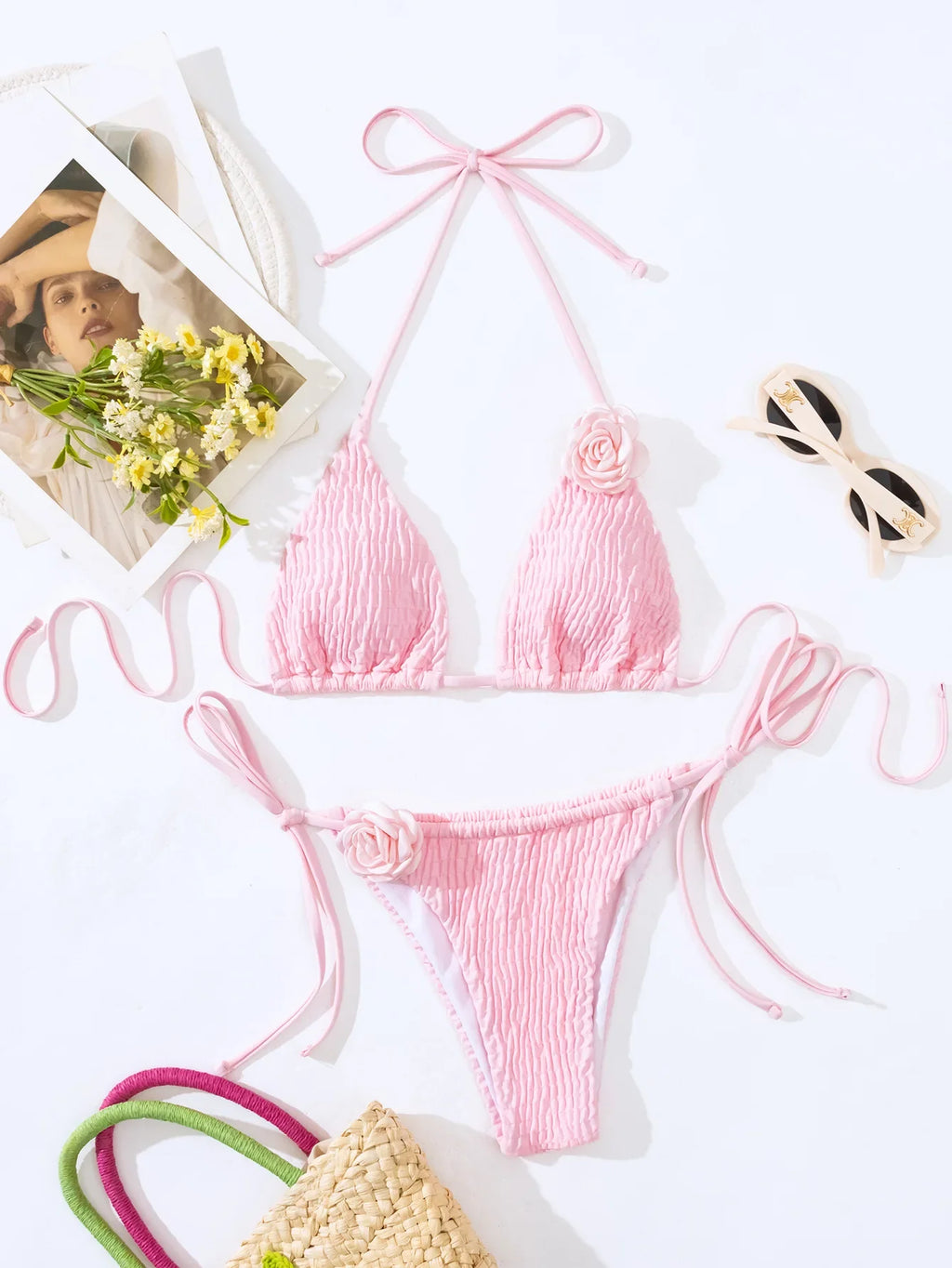 DEKA Women Sexy Thong 3D Flowers Bikini Set Halter Strappy Bikini Thong Swimwear Female Swimsuit Two-pieces Bather Bathing Suit