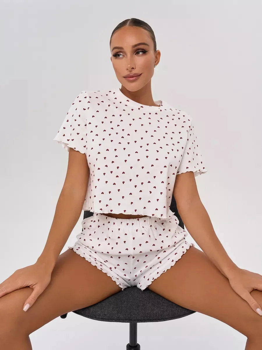 Heart Print Casual Round Neck Short Sleeve Shorts Two-piece Set Pajamas Set Women Summer Sleepwear Home Wear