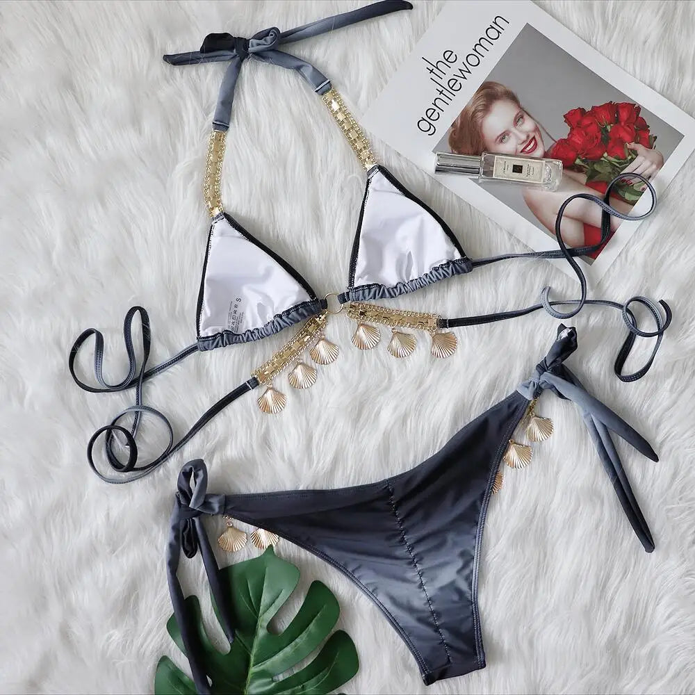 Women's Bikini Sexy Strap Gradient Print Luxury Crystal Diamond Bikini Shell Swimsuit