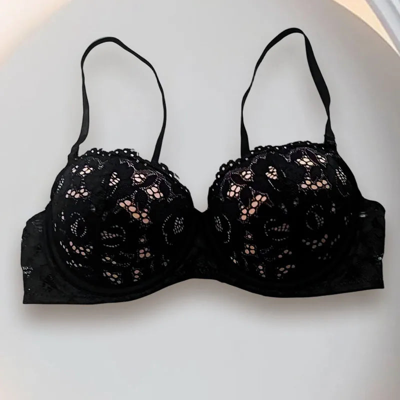 Women’s Push Up Lace Bra Comfort Padded Underwire Bra Lift Up Bras Black Super Push Up Bralette