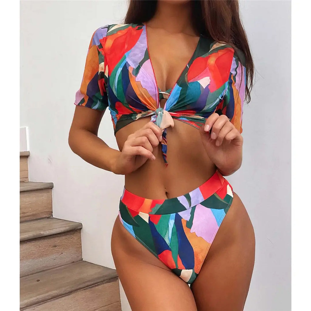 S - XXL Colorful Print High Waist Bikini Female Swimsuit Women Swimwear Three-Pieces Bikini Set Bather Bathing Suit Swim V2805