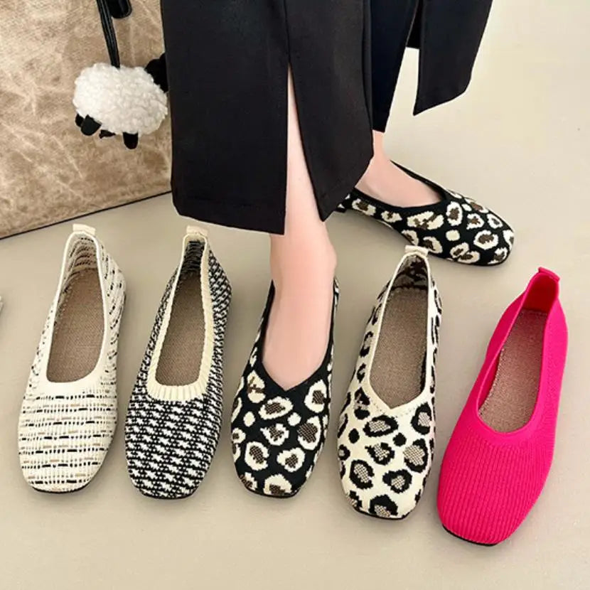 Leopard Color Square Toe Knitted Loafers Women Leisure Flat Shoes Soft Bottom Shallow Ballet Flats Casual Slip on Boat Shoes