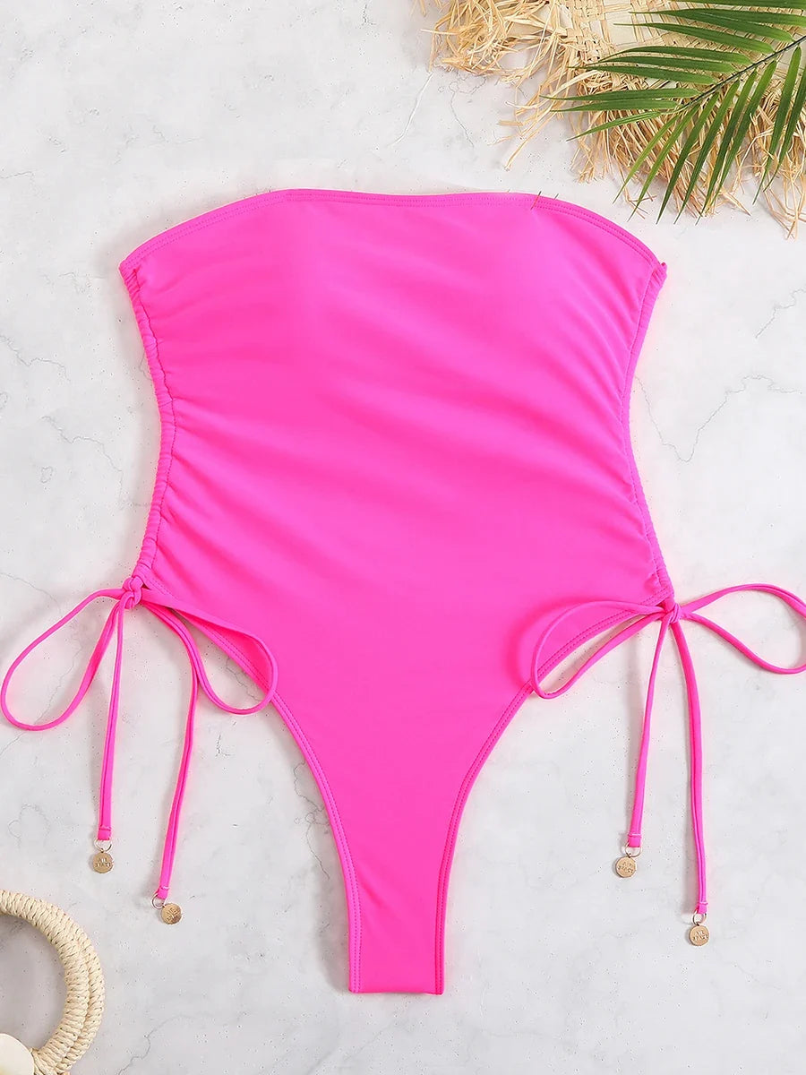 2026 Sexy Drawstring High Cut Swimsuit One Piece Printed Swimwear Women Bathers Bathing Swimming Swim Suit Female Beachwear