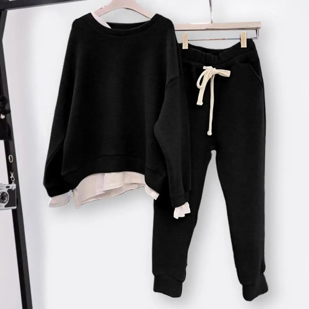 2 Pcs/Set Women Sweatshirt Pants Set Fake Two-piece Crew Neck Loose Elastic Waist Drawstring Casual Women Autumn Tracksuit