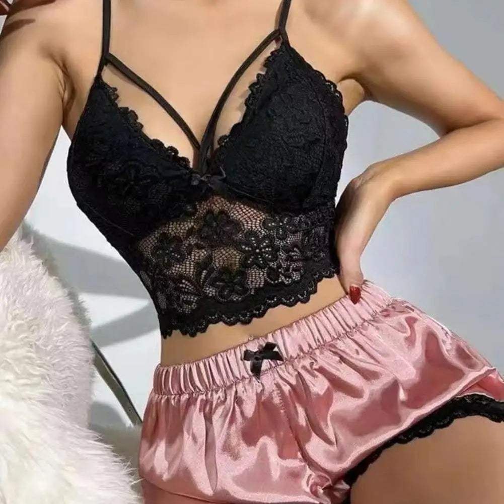 2 Pcs/Set Women Pajama Set Hollow Out Lace V Neck Sleeveless Crop Top High Waist Satin Shorts Anniversary Sleepwear Outfits