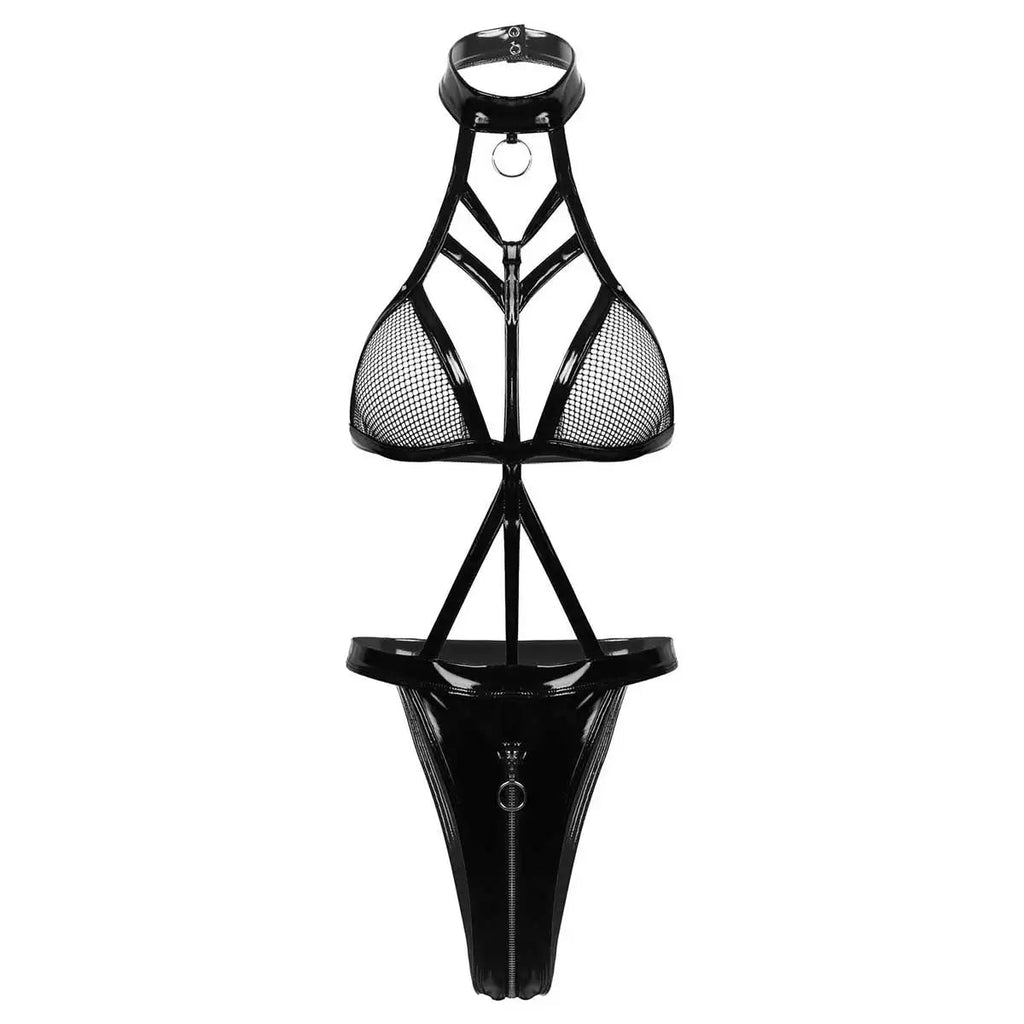 Porn PU Leather Erotic Open Crotch Bodysuit Zipper Open Crotch Bandage Breast Latex Women Sexy Lingerie