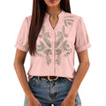 Women Floral Embroidery Puff Short Sleeve T Shirt Stand Collar V Neck Button Down Loose Solid Tees Summer Boho Casual Office Top