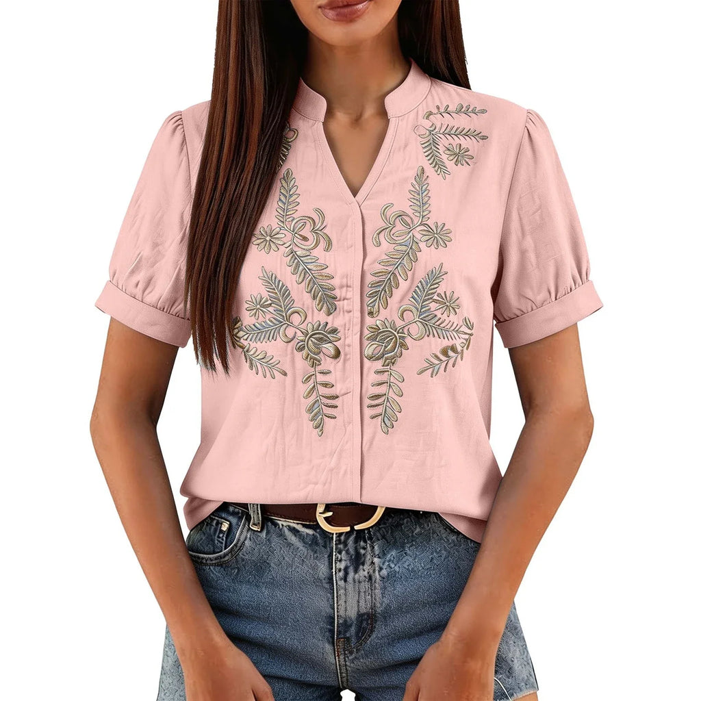 Women Floral Embroidery Puff Short Sleeve T Shirt Stand Collar V Neck Button Down Loose Solid Tees Summer Boho Casual Office Top