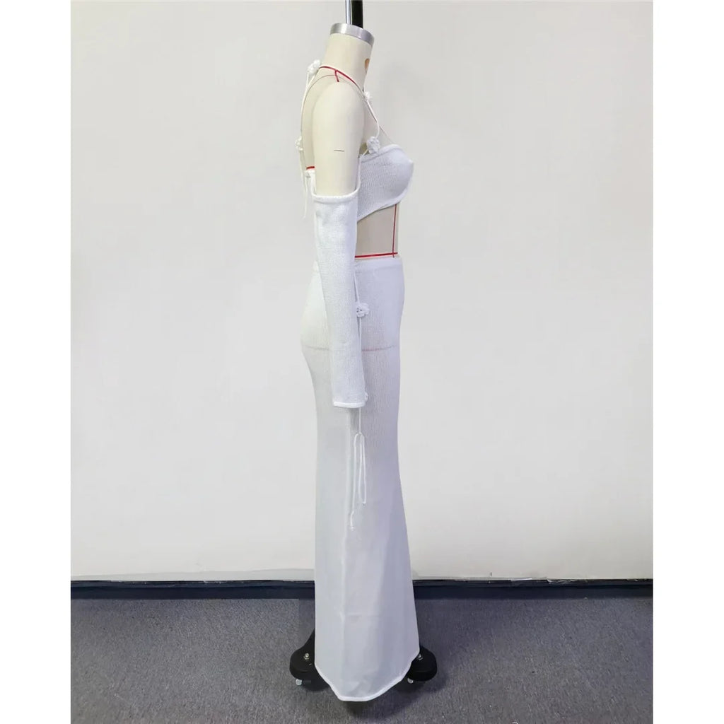 Sexy Knitted Sling Long Skirts Woman's Set Casual Slim Solid Lace Up Tube Tops Slit Skirt Sets Female Summer Beach Dress V6187