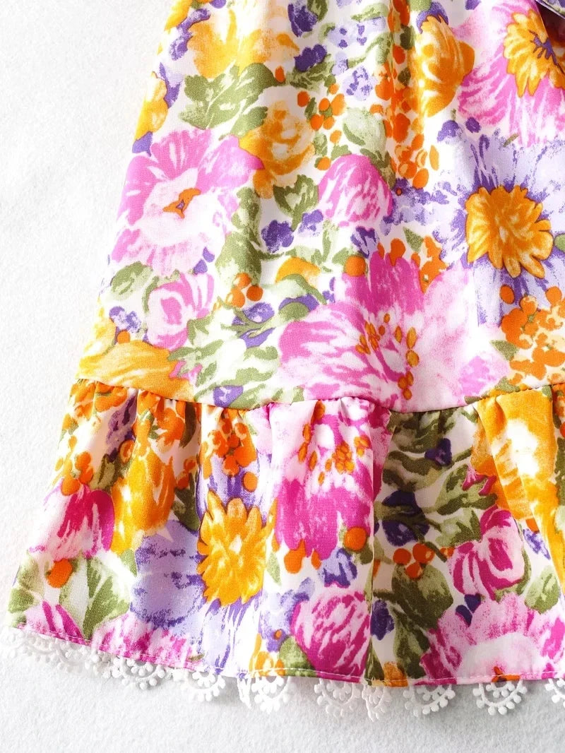 V Neck Bowknot Floral Print Boho Summer New Dress for Women Adjustable Strap Lace Patchwork Sundress Beach Casual Short Dress