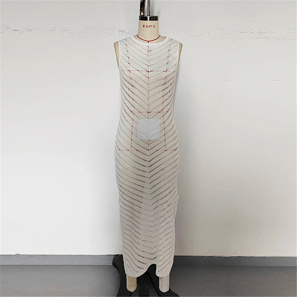 Hollow Out Sleeveless Crochet Knitted Tunic Beach Cover Up Cover-ups Mini Beach Dress Beach Wear Beachwear Female Women V6745
