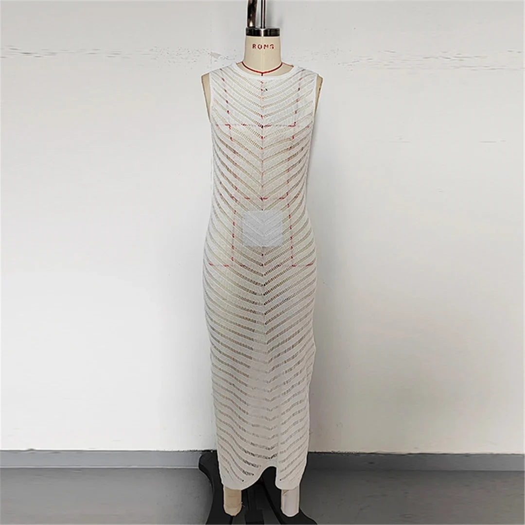Hollow Out Sleeveless Crochet Knitted Tunic Beach Cover Up Cover-ups Mini Beach Dress Beach Wear Beachwear Female Women V6745