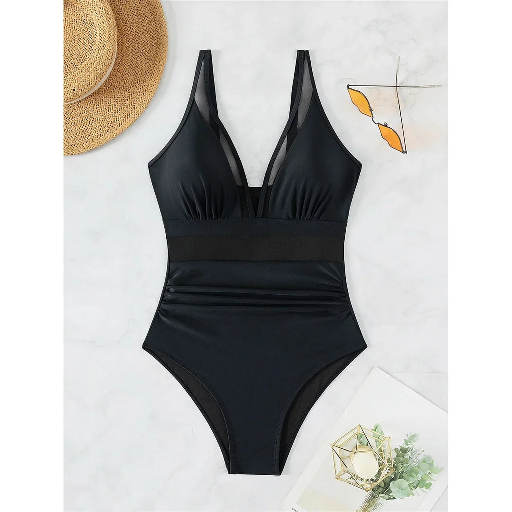 S - XL New Sexy Mesh Sheer V Neck Women Swimwear One Piece Swimsuit Female High Leg Cut Monokini Bather Bathing Suit Swim V5136