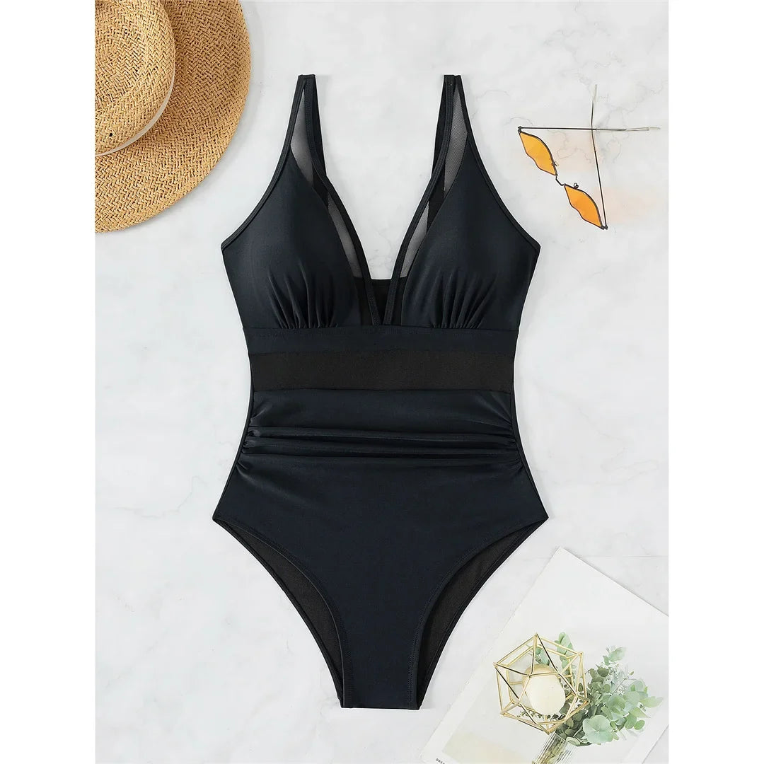 S - XL New Sexy Mesh Sheer V Neck Women Swimwear One Piece Swimsuit Female High Leg Cut Monokini Bather Bathing Suit Swim V5136