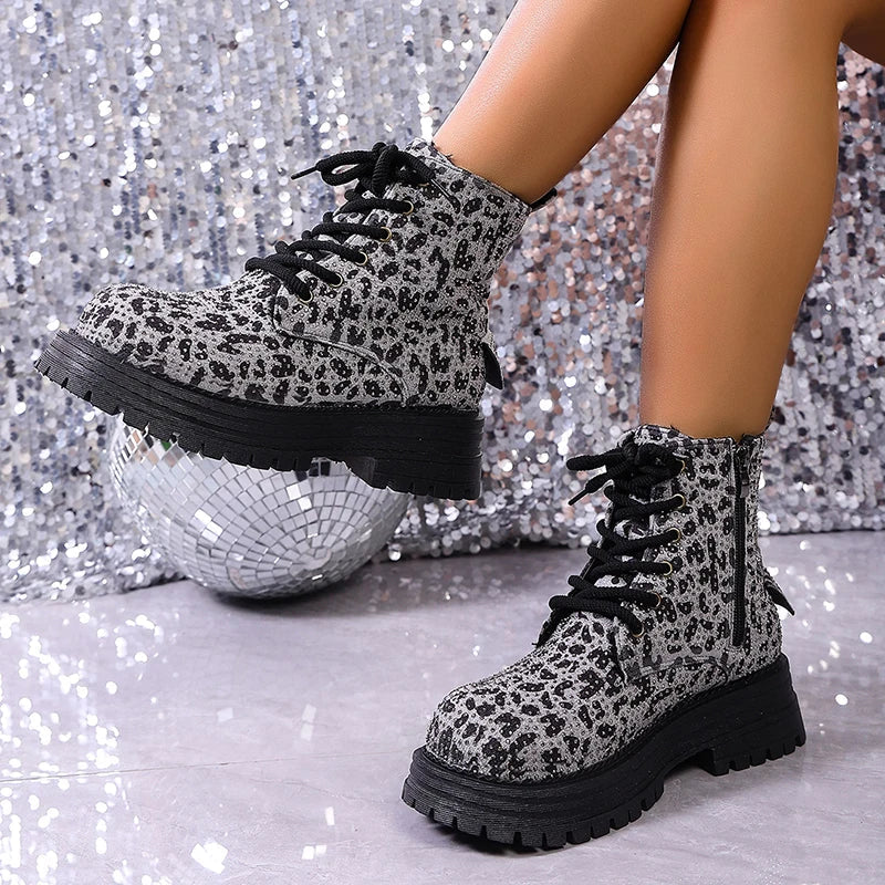 Fashion Leopard Print Platform Ankle Boots Women Lace Up Thick Sole Crystal Short Booties Mujer Round Toe Zipper Modern Boots