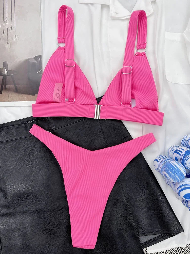 Ribbed Triangle High Cut Bikini Women Swimsuit Female Thong Swimwear Two Pieces Bikini Set Rings Bather Bathing Suit Swim Lady