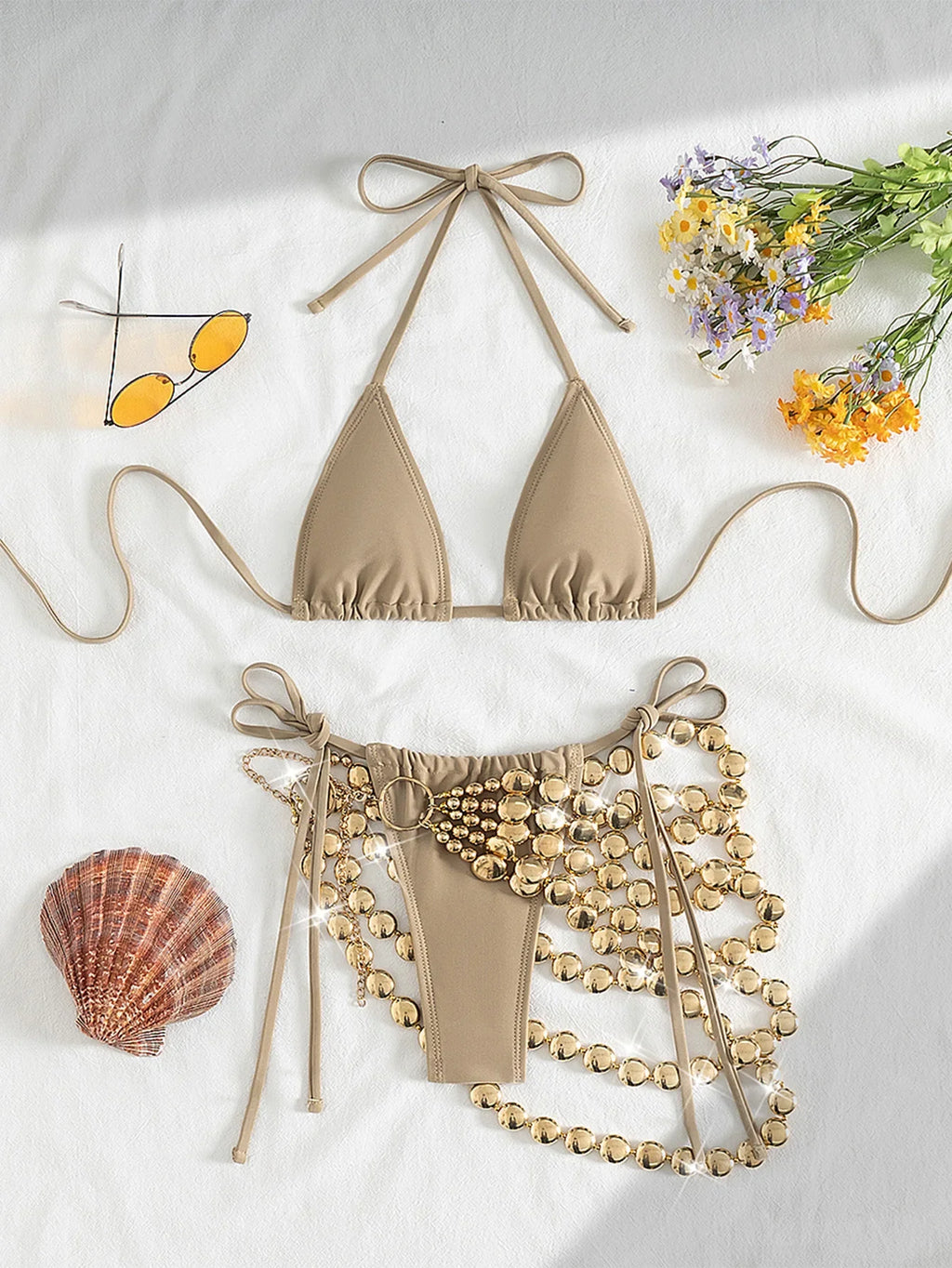 New Khaki Bikini Set 2025 Women Hollow Out Chain Skirt 3 Piece Swimsuit Beach Bathing Suit Push Up Holiday Swimwear Biquini