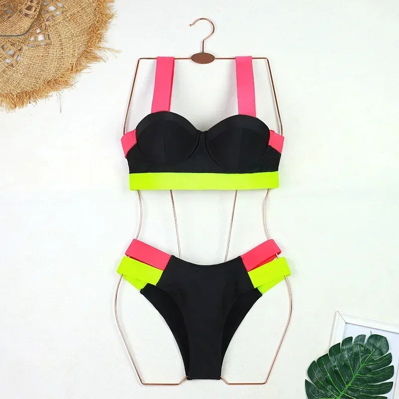 Sexy Bikini Women Swimwear Swimsuit Push Up Leopard Block Color Patchwork Double Bandages High Waist Bikinis Set Bathing Suit