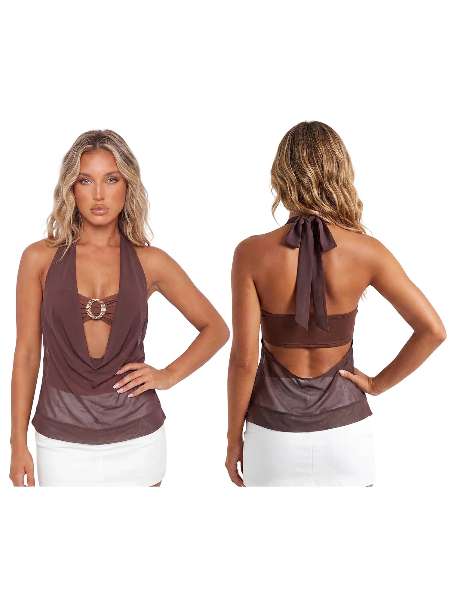 Summer Women Elegant 2 Piece Tops Mesh Sheer Halter Cowl Neck Sleeveless Vest with Buckle Tube Top Going Out Blouse Streetwear