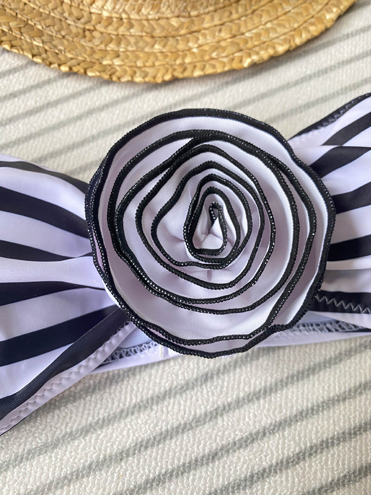 3D Flowers Striped Bikinis Strapless Bandeau Bikini 2025 Female Swimsuit Women Swimwear Two-pieces Bikini Set Bathing Suit Swim