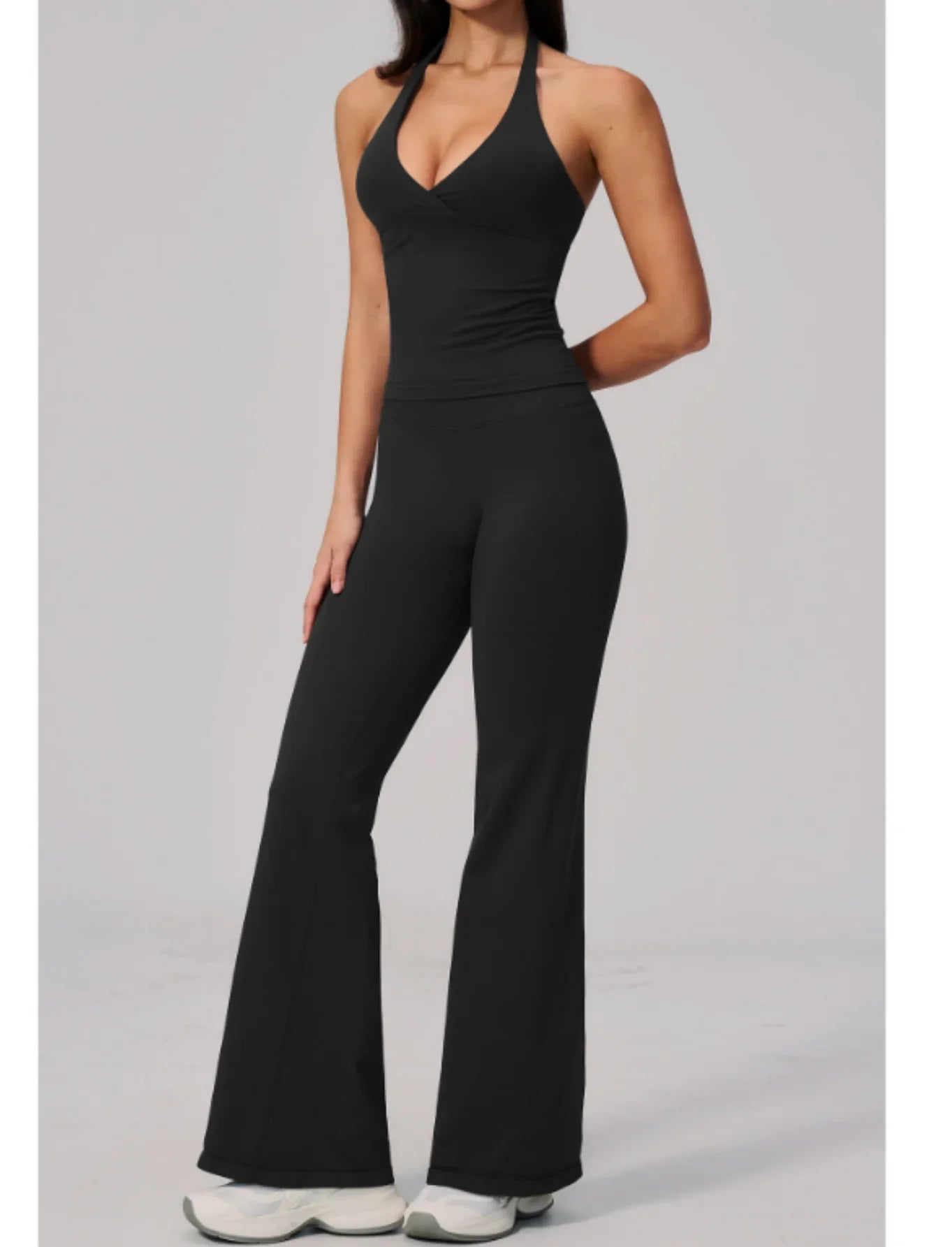 V-neck Yoga Sets Women Seamless Slimming Sports Tank Top High Waist Wide Leg Pants Fitness Suit Outwear Gym Running Tracksuit