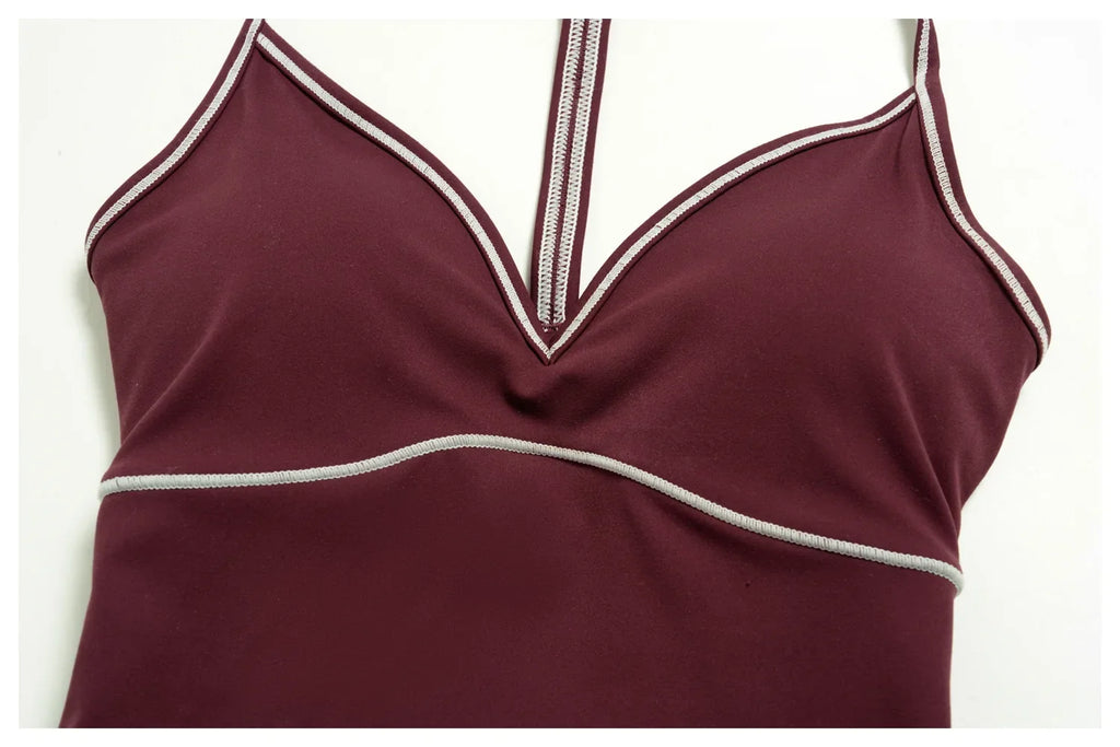 Summer Color Blocking Yoga Suit Women Tracksuit Hanging Neck V Neck Slim Sports Vest Tight Hip Lifting Capri Pants Fitness Sets