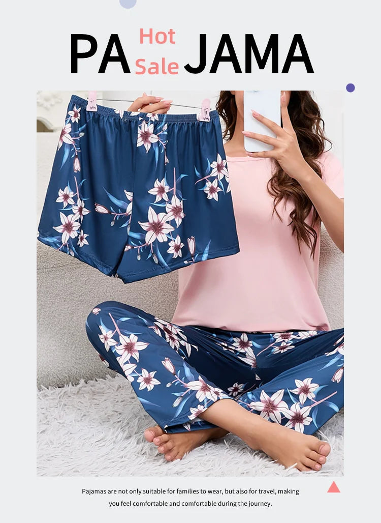 Women's Pajamas 3-Piece Set Sleepwear Home Clothes Autumn Short Sleeve Top with Shorts & Long Pants Loungewear Short Suit Pyjama