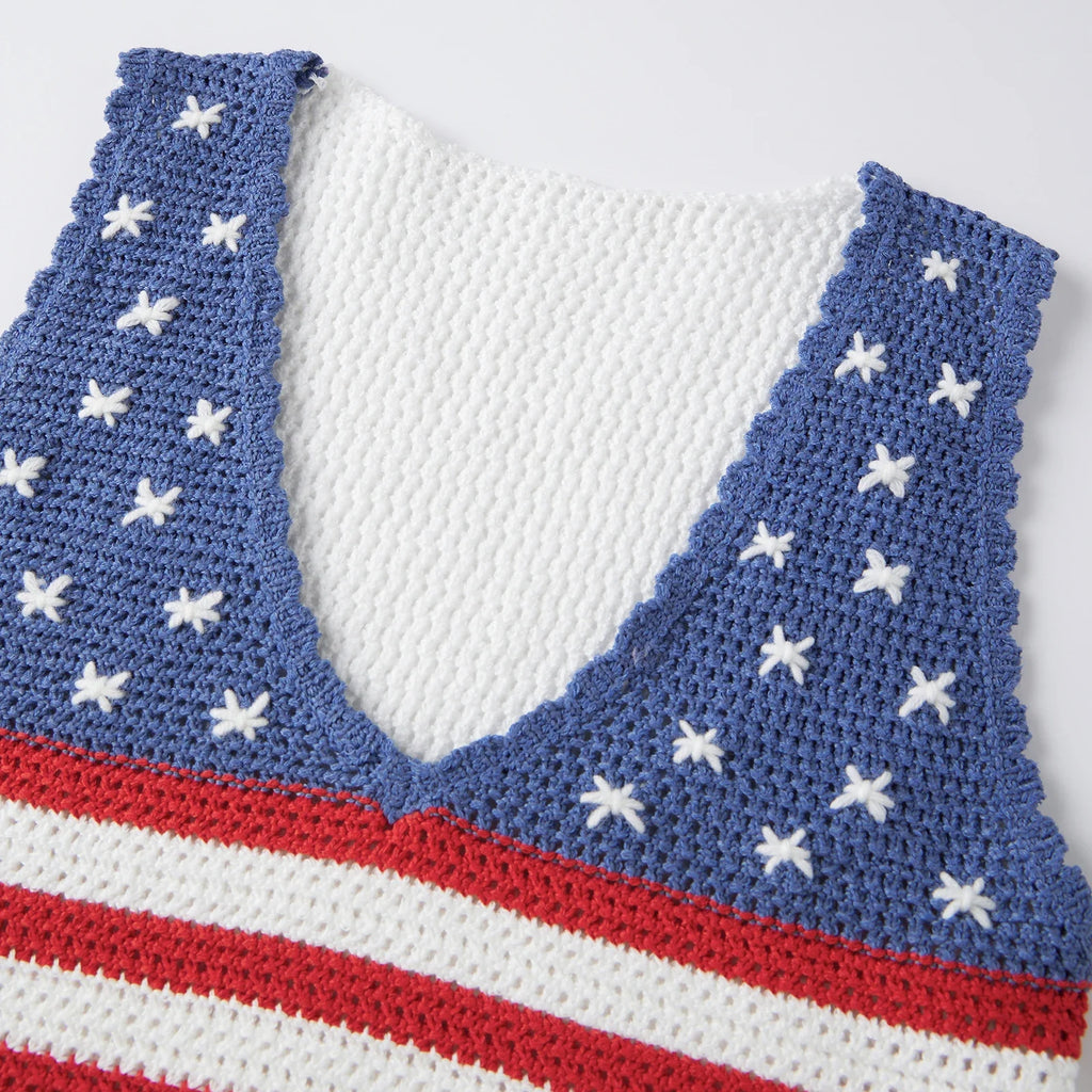 Women Knit 2 Piece Sets for Independence Day Sleeveless V Neck Tank Tops and High Waist Shorts Sets Summer