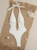 New White Pearls V Neck One Piece Swimwear Women 2026 Hollow Out Bandage Backless Swimsuit Summer Holiday Bathing Suit Monokini