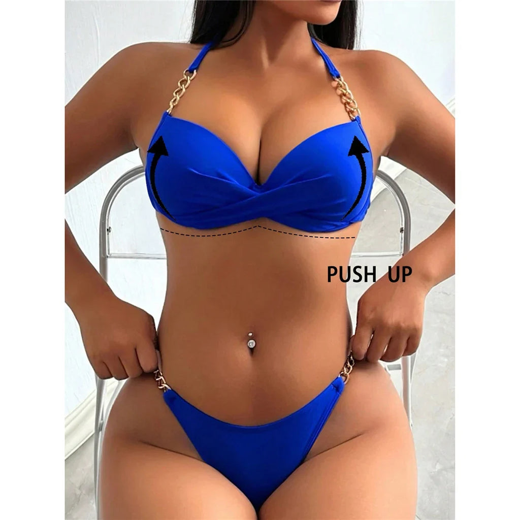 XS - L Halter Bikini Push Up Swimsuit Female Swimwear Women Two-Pieces Bikini Set With Bra Cup Bather Bathing Suit Swim V6748