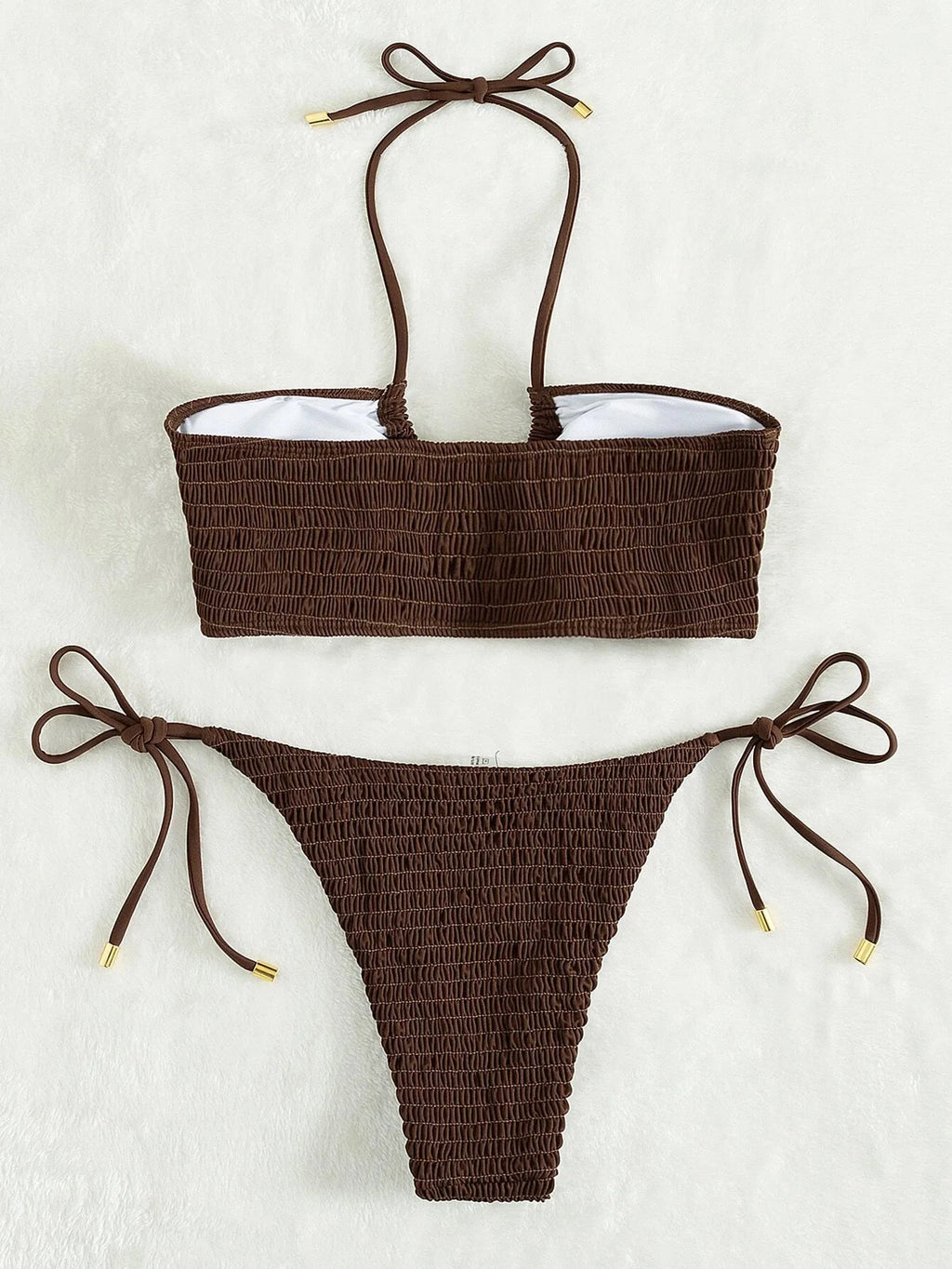 Halter Tie Side Pleated Smocked Bikini Women Bandeau Swimsuit Female Swimwear Two Pieces Bikini Set Bathing Suit Swim Beach Wear