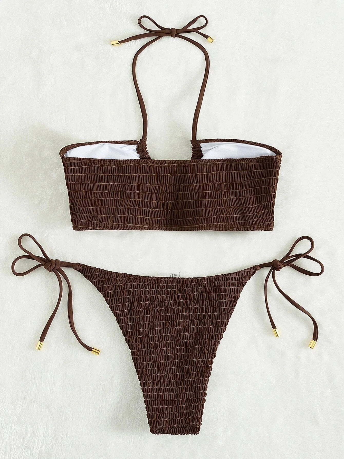 Halter Tie Side Pleated Smocked Bikini Women Bandeau Swimsuit Female Swimwear Two Pieces Bikini Set Bathing Suit Swim Beach Wear
