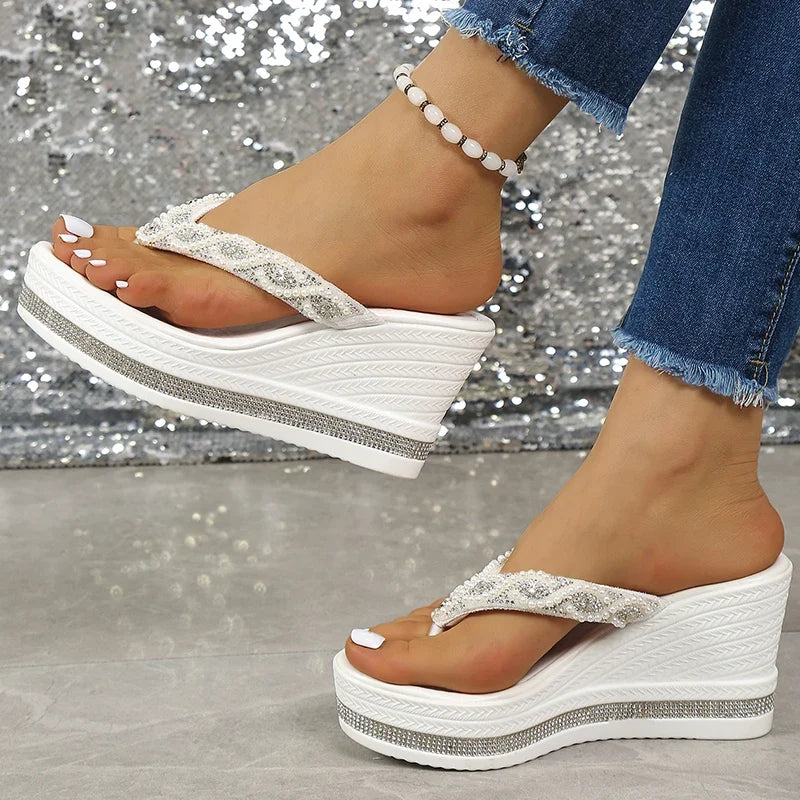 Fashion String Bead Wedges Slippers Women 2026 Summer Chunky Platform Beach Flip Flops Woman Clip Toe High Heeled Sandals 35-43