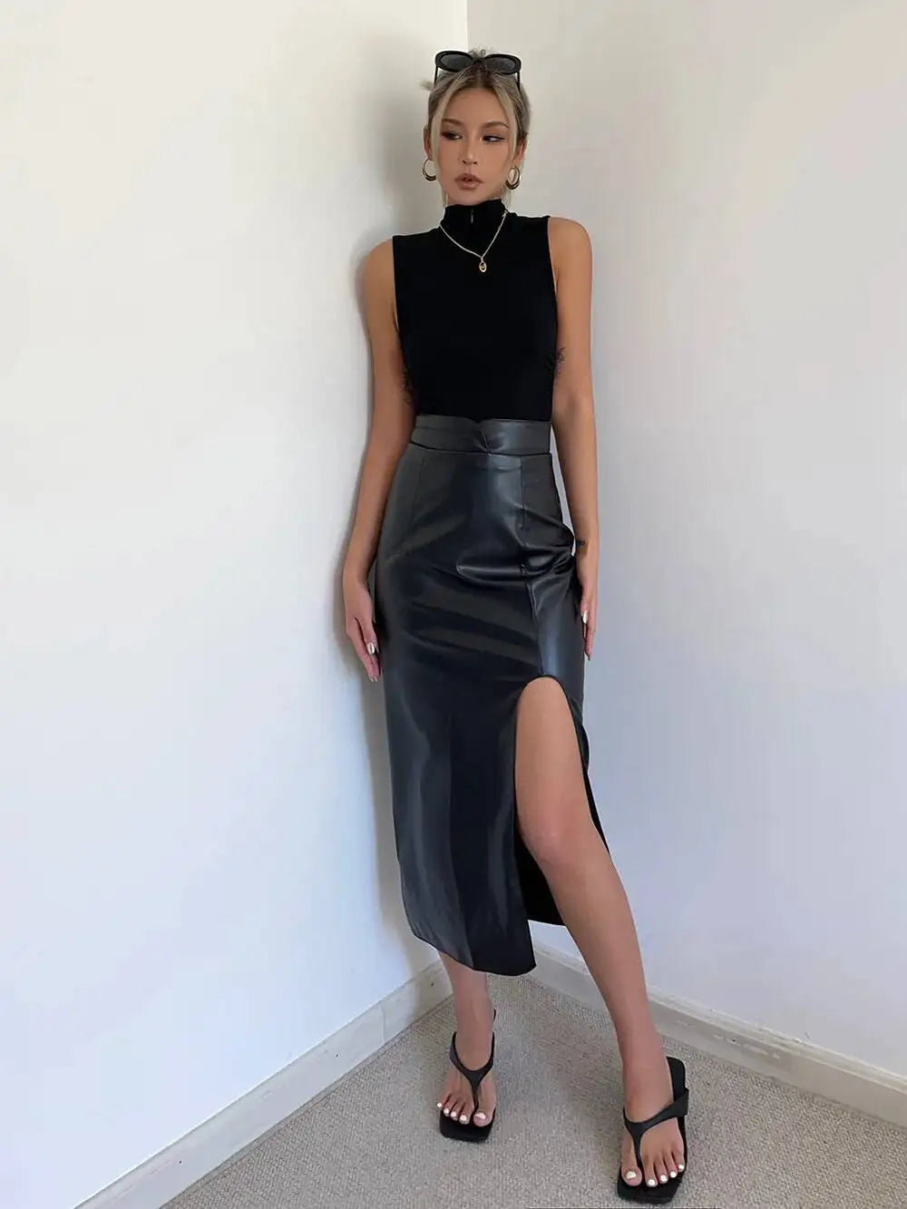 WOMENGAGA High Waist Slim Side Split PU Leather Skirt For Women Spring/Summer Irregular Split One Step Skirt Mid Length 761R