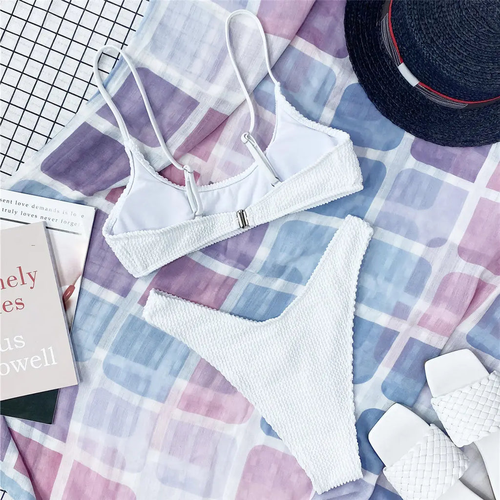 New Sexy Wrinkled Crinkled Bikini Female Swimsuit Women Swimwear Two-Pieces Bikini Set Mid Waist Bather Bathing Suit Swim V3032P