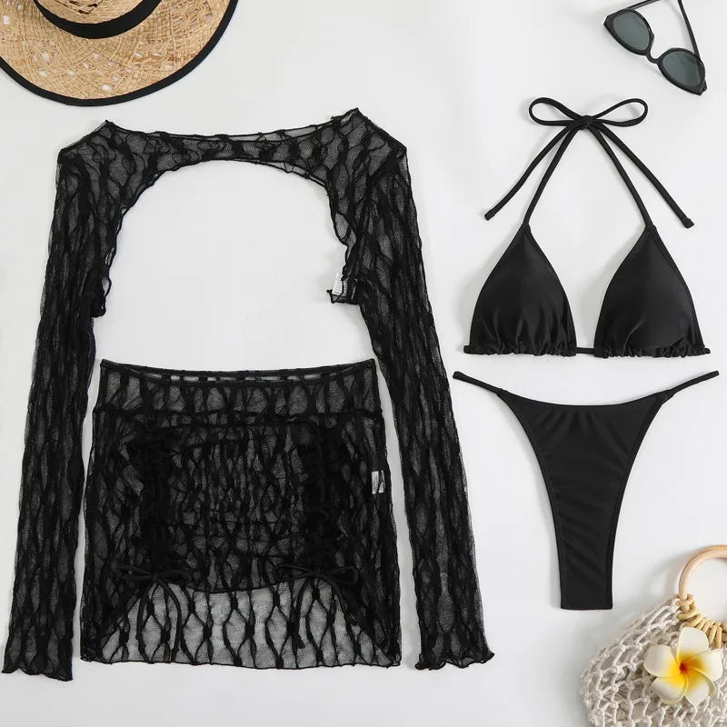 Toucheart Sexy Lingerie Suit for Women Mesh Four-piece Beach Swimsuit Sexy Bikini Solid Color Long Sleeves Mesh See-through Set