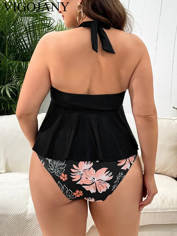 VigoJany 2026 Black Verge Plus Size Tankini Women Tied Halter Push Up Big 2 Piece Swimsuit High Waist Beach Large Bathing Suit
